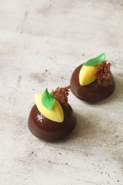 Çağdaş çikolatalı Mousse Dome Kekleri, çikolata aynası jöleli ve sarı kadife kaplama limonlu kremayla kaplı, yeşil çikolata yaprakları ve açık arkaplanda yosun süngeriyle süslenmiş..