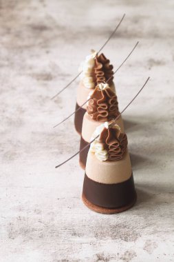 Duble çikolatalı Mini Mousse Kekleri, çikolataya batırılmış, çırpılmış beyaz çikolata kreması ve çikolata dallarıyla süslenmiş, açık arkaplanda..