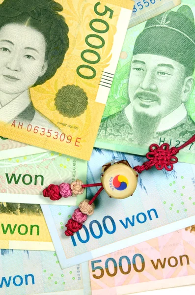 Aktualne wykorzystanie Korei Południowej zdobył waluty różnych wartości. — Zdjęcie stockowe