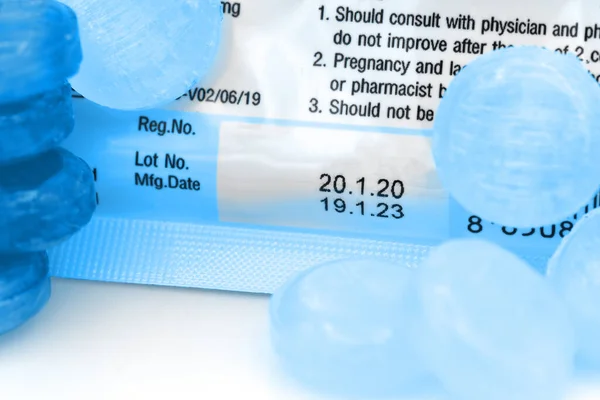 Manufacturing Date Expiry Date Some Pharmaceutical Packaging Blue Tone — Foto Stock