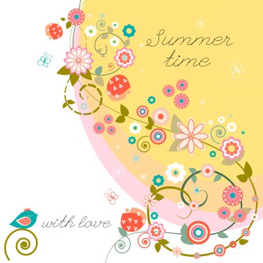 sevimli çizgi vektör çiçek kuşlarda. şık çiçekli kart.