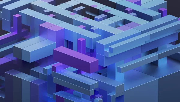 Abstract 3d render, blue and purple geometric composition, background design