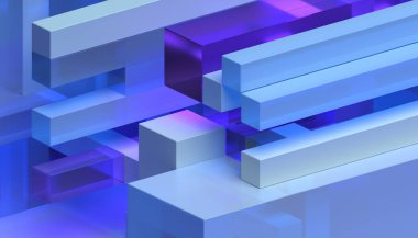 Soyut 3d oluşturma, mavi ve mor geometrik bileşim, arkaplan tasarımı