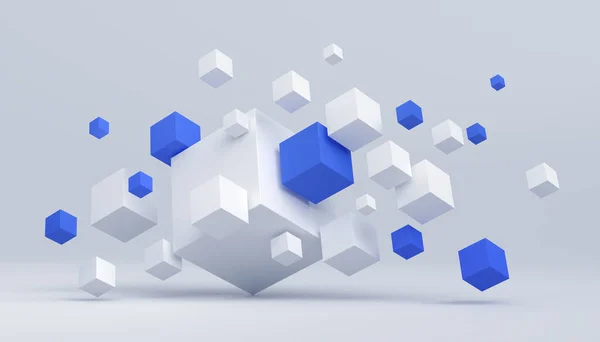 Abstract 3d render, geometric composition, background design with blue and white cubes