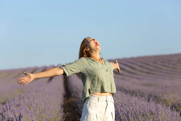 Mujer Feliz Gritando Cielo Extendiéndose Campo Lavanda —  Fotos de Stock