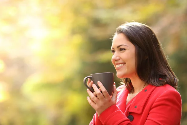 Happy Woman Red Looking Away Holding Cuffee Mug Park Autumn — Stock Photo, Image