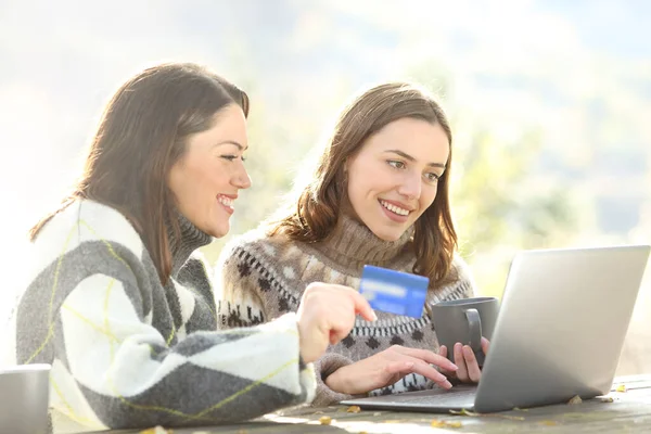 Due Amici Acquistano Online Con Laptop Credito Curati Inverno Parco — Foto Stock