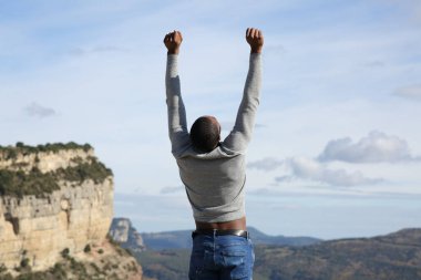 Siyah tenli heyecanlı bir adamın arka plan portresi doğada kollarını kaldırıyor.