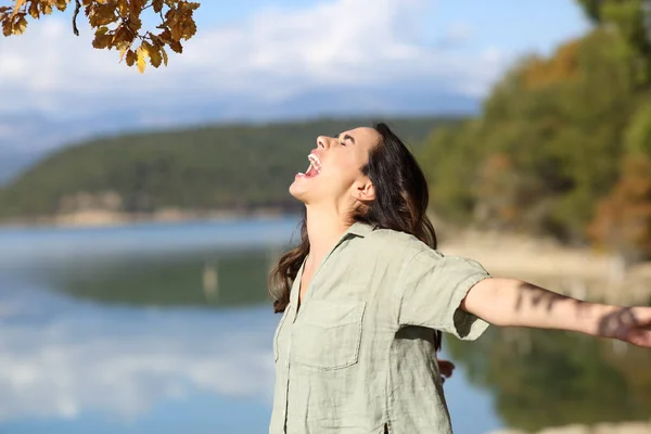 Seitenansicht Porträt Einer Glücklichen Frau Die Die Arme Einem Bergsee — Stockfoto