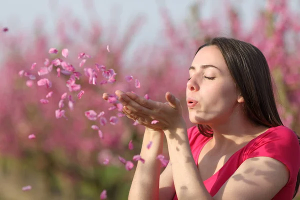 Žena Foukání Okvětní Lístky Vzduchu Rukou Růžovém Poli — Stock fotografie