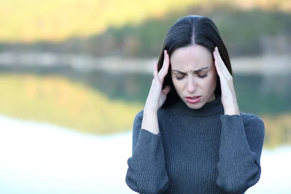 Front View Portrait Woman Suffering Migraine Lake — Stock Fotó