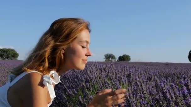 Beautiful Woman Smelling Lavender Huge Field — Stockvideo