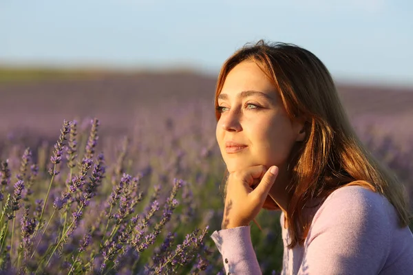 Relaxed Woman Contemplating Views Sitting Lavender Field Sunset — стоковое фото
