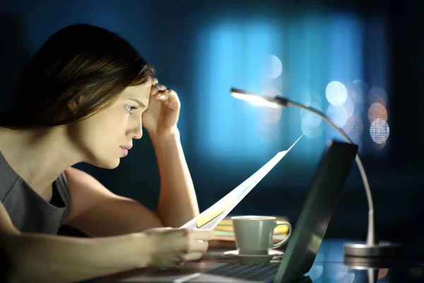Side View Portrait Worried Businesswoman Checking Document Online Laptop Night — стоковое фото