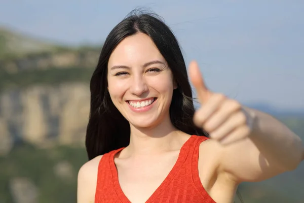 Front View Portrait Happy Asian Woman Gesturing Thumb Mountain — Stock Photo, Image