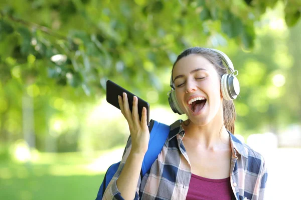 Šťastný Student Nosí Sluchátka Drží Chytrý Telefon Poslech Hudby Zpěv — Stock fotografie