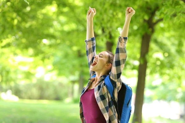 Ενθουσιασμένος Μαθητής Που Σηκώνει Χέρια Γιορτάζοντας Την Επιτυχία Ένα Πάρκο — Φωτογραφία Αρχείου