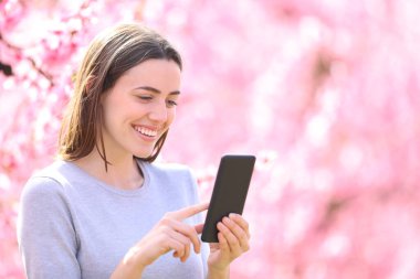 Beauty woman standing in a pink field checking smart phone clipart