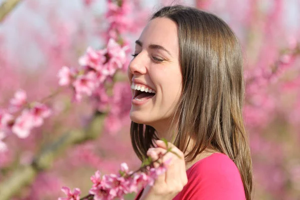 Ευτυχισμένη Και Όμορφη Γυναίκα Που Γελάει Ανάμεσα Ροζ Λουλούδια Ένα — Φωτογραφία Αρχείου
