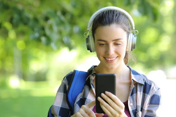 Front View Portrait Happy Student Listening Music Outdoors — Stock Photo, Image
