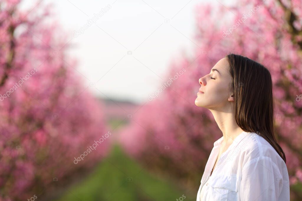 Side view portrait of a satisfied woman breathing fresh air in a beautiful pink field