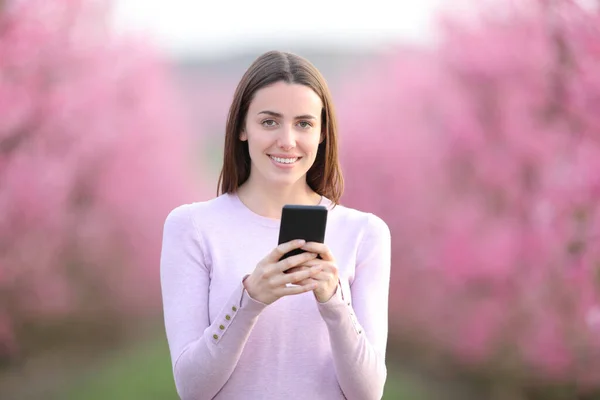 一个拿着智能手机的快乐女人在粉红的田野里看着你的正面画像 — 图库照片