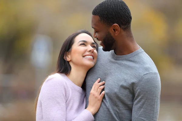 Happy Interracial Couple Love Looking Each Other Park — Stock Photo, Image