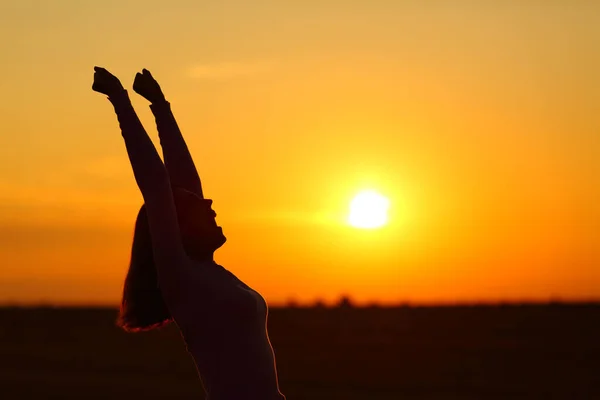 Профиль Взволнованной Женщины Поднимающей Руки Празднующей Восходе Солнца — стоковое фото