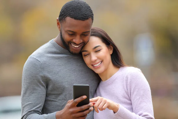 Front View Happy Interracial Couple Checking Smart Phone Outdoors Park — Stock Photo, Image