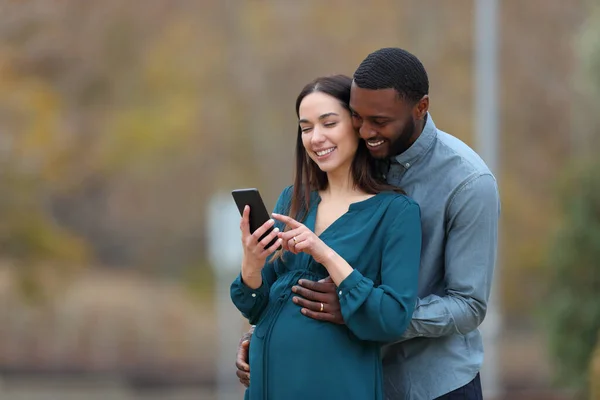Interracial Couple Pregnant Wife Her Husband Checking Smart Phone Park — Stock Photo, Image