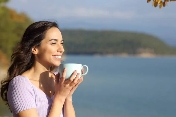 Mulher Feliz Bebendo Café Olhando Para Longe Natureza Com Uma — Fotografia de Stock