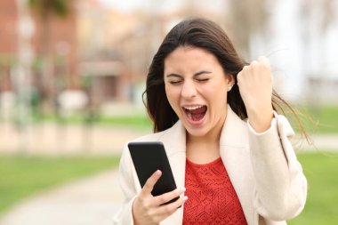 Excited teen celebrating good news checking cell phone in a park