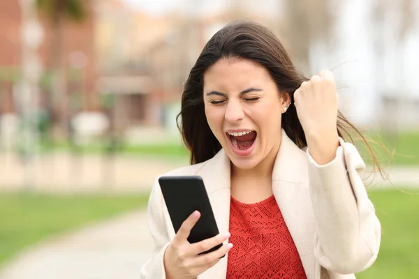Opgewonden Tiener Vieren Goed Nieuws Controleren Mobiele Telefoon Een Park — Stockfoto