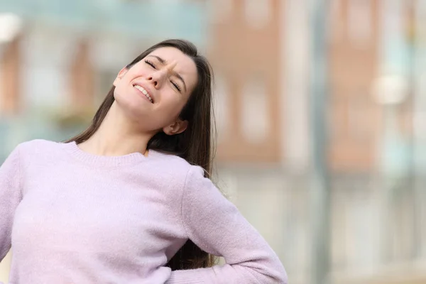 Teen Complaining Back Ache Standing Street — Stock Photo, Image