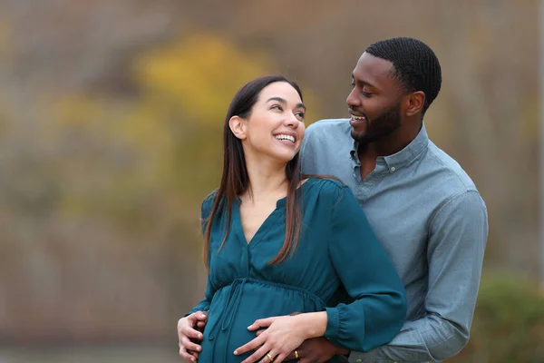 Casal Inter Racial Olhando Uns Aos Outros Desfrutando Gravidez Parque — Fotografia de Stock