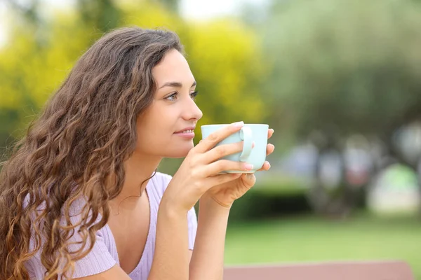 Mujer Relajada Tomando Café Sentado Parque Contemplando —  Fotos de Stock