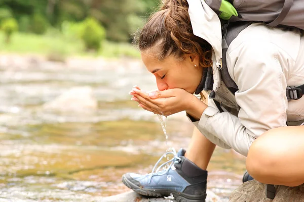 Profile Trekker Drinking Water Directly River Cupped Hands Mountain —  Fotos de Stock