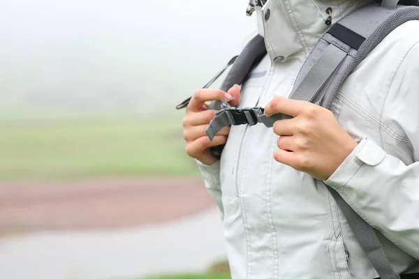 Close Hiker Hands Catching Backpack Ready Walk Mountain Foggy Day — 스톡 사진