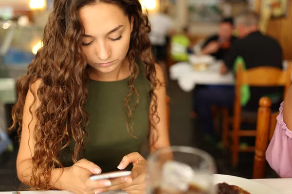 Distracted Woman Using Cell Phone Sitting Restaurant —  Fotos de Stock