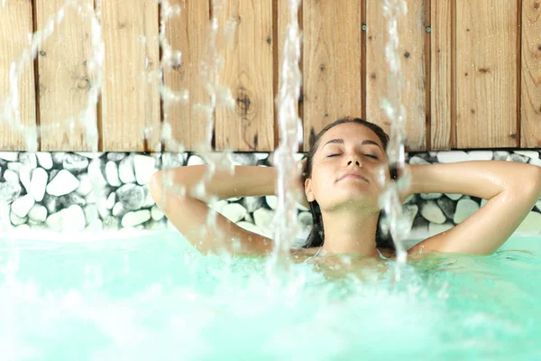 Front View Portrait Woman Relaxing Arms Head Water Jet Spa — Zdjęcie stockowe