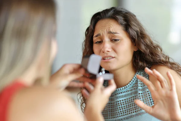 Lesbian Marriage Proposal Went Wrong Girlfriend Rejecting — стоковое фото