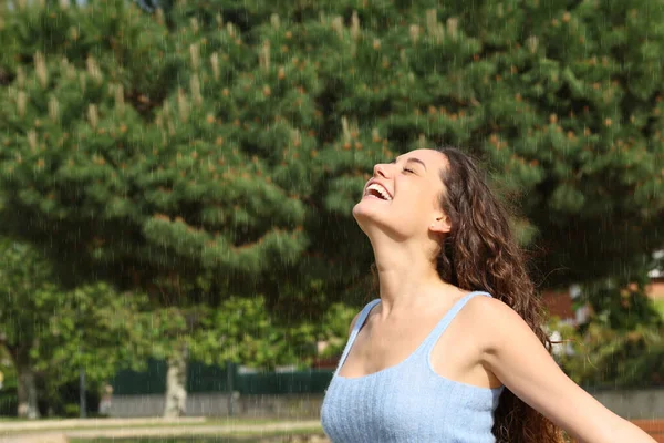 Happy Woman Breathing Fresh Air Rain Park — Stock Photo, Image