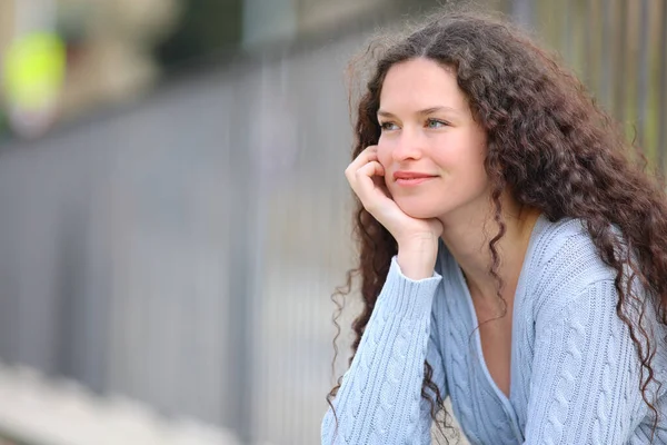 Relaxed Satisfied Woman Contemplating Sitting Street — Stock Fotó