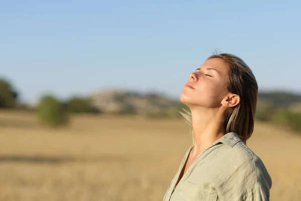 Beautiful Woman Breathing Fresh Air Rural Field — Stock Photo, Image