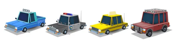 Collection de voitures de dessin animé. Camionnette de village, voiture de police, taxi et jeep. Voitures isolées sur fond blanc. Illustration vectorielle — Image vectorielle