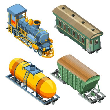 Buharlı lokomotif, yolcu vagonu, yük vagonu, konteynır. Klasik retro tren grafik vektörü. Beyaz arkaplanda izole.