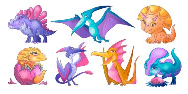 Şirin küçük dinozorlar ve Pterodaktyl çizgi film setleri. Yumurtayla oyna, ayakta dur, yumurtadan doğma. Yazdırma tasarımı tebrik kartı olarak kullanılabilir Yazdırma tasarımı, afiş, poster, broşür