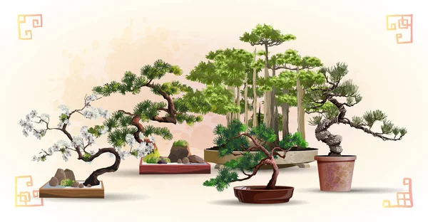 コンテナで栽培された盆栽のセット。美しい現実的な木。盆栽風の木。赤い箱に盆栽の木。装飾的な小さな木のベクトルイラスト。自然美術 — ストックベクタ