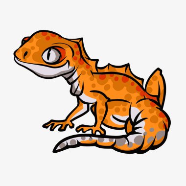 Tatlı çizgi film karakteri yeşil Gecko kertenkele kertenkele hayvan. Sıcak arka planda izole edilmiş vahşi hayatta sürüngen. Vektör illüstrasyonu