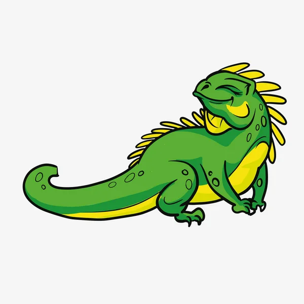 Roztomilý kreslený postava zelená leguán zvíře. Červený had v divoké zvěři izolovaný v teplém pozadí. Vektorová ilustrace — Stockový vektor